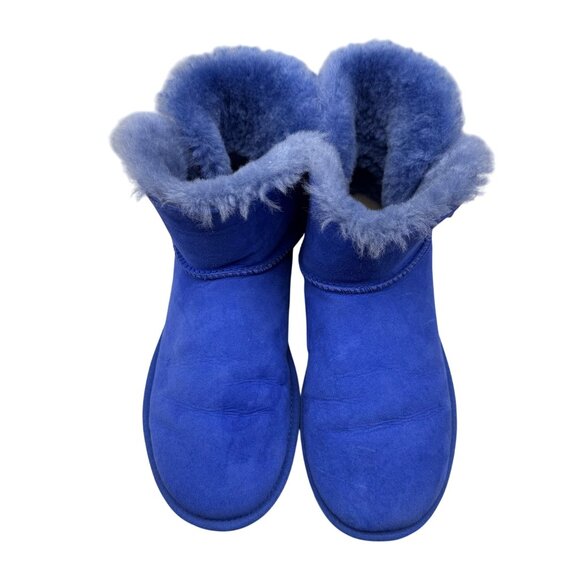 Rare UGG Australia Bailey Blue Cobalt Suede Button Short Sheepskin Boots Women 9 - Picture 3 of 10